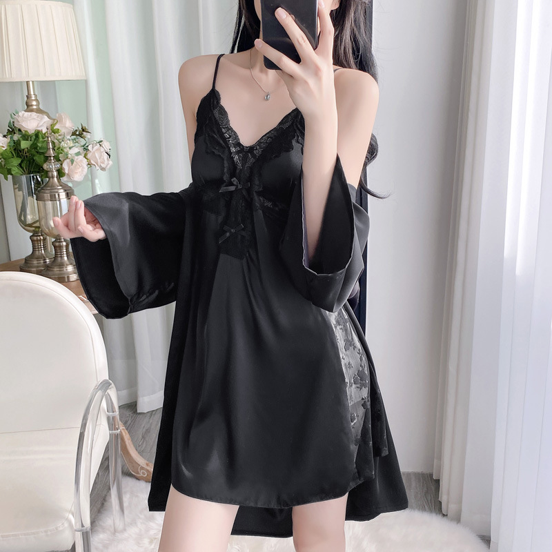 Robe Silk Women - 2PCS V-Neck Bathrobe Suit Women Lace