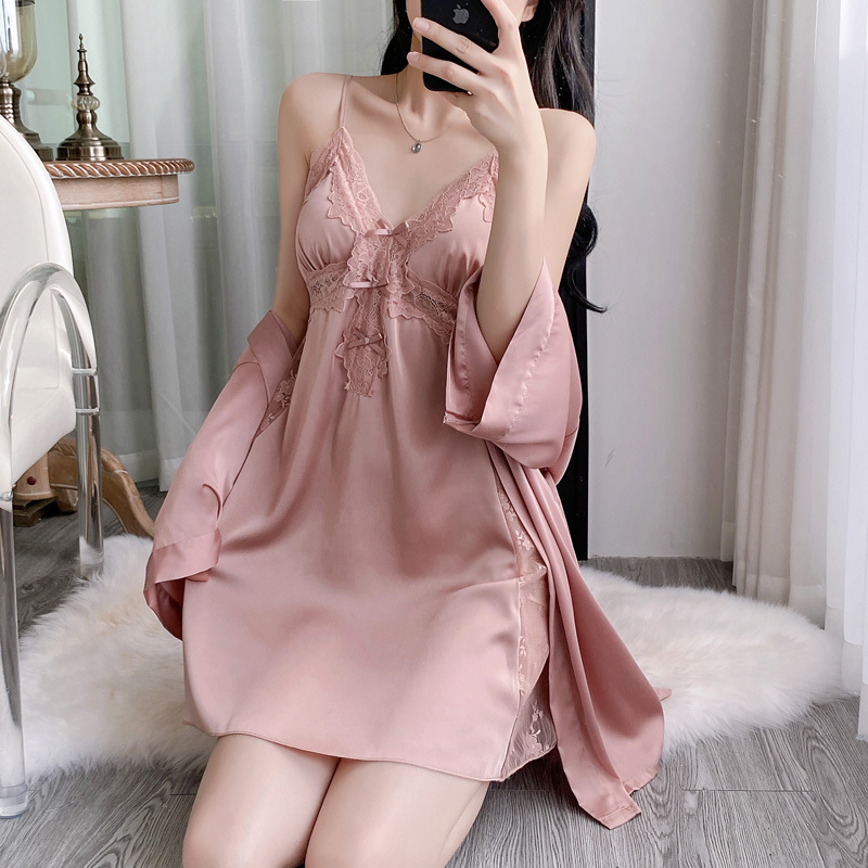 2PCS V-Neck Bathrobe Suit Wome - Robe Silk Women recension och pris
